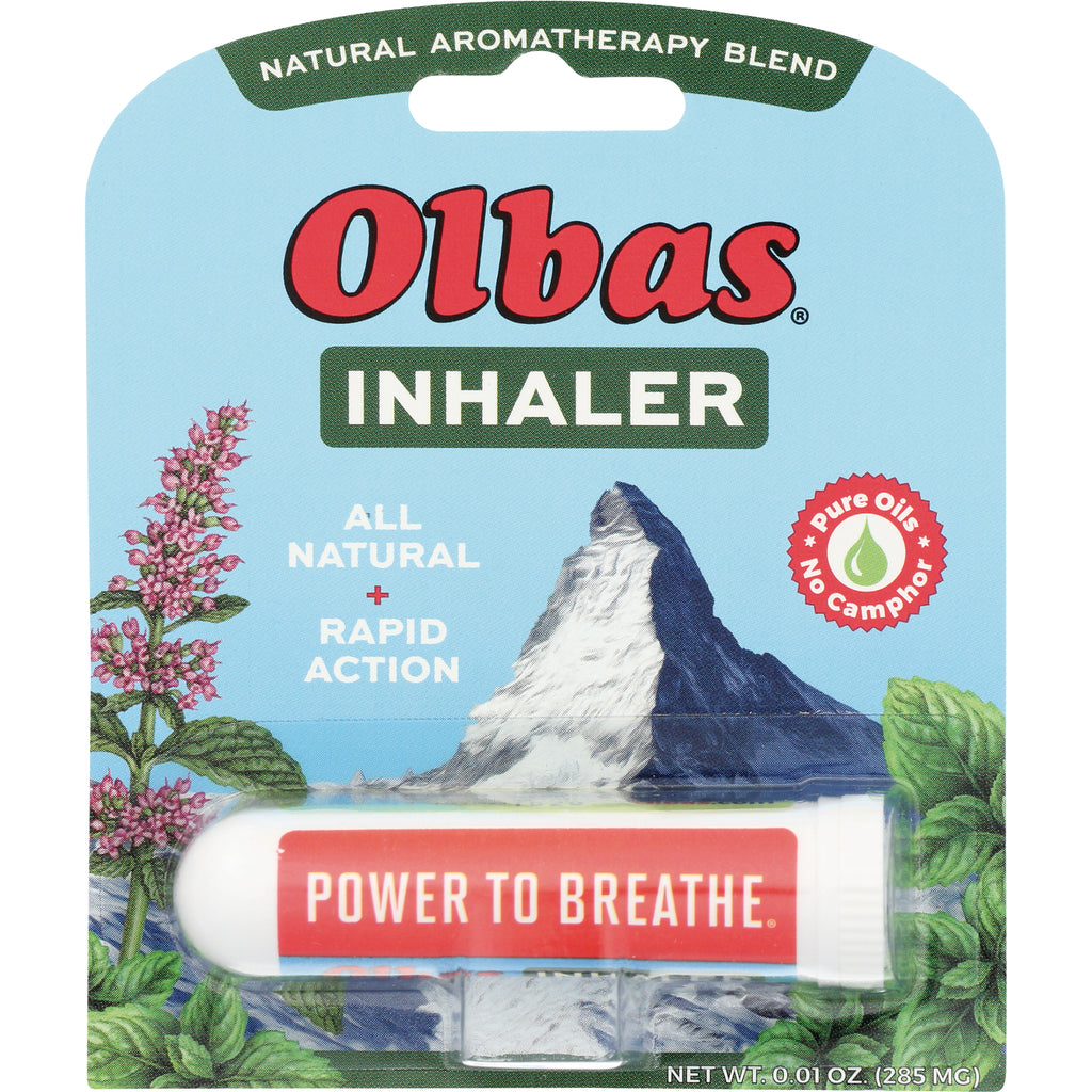 OLB004 | Olbas inhaler front packaging showing inhaler labeled POWER TO BREATHE, mountain artwork and All Natural text - Thumbnail