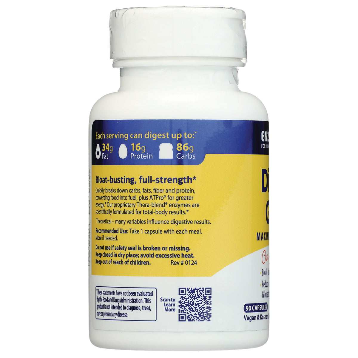 EMD009 | bottle side label infographic showing digestion claims, recommended use, and QR code