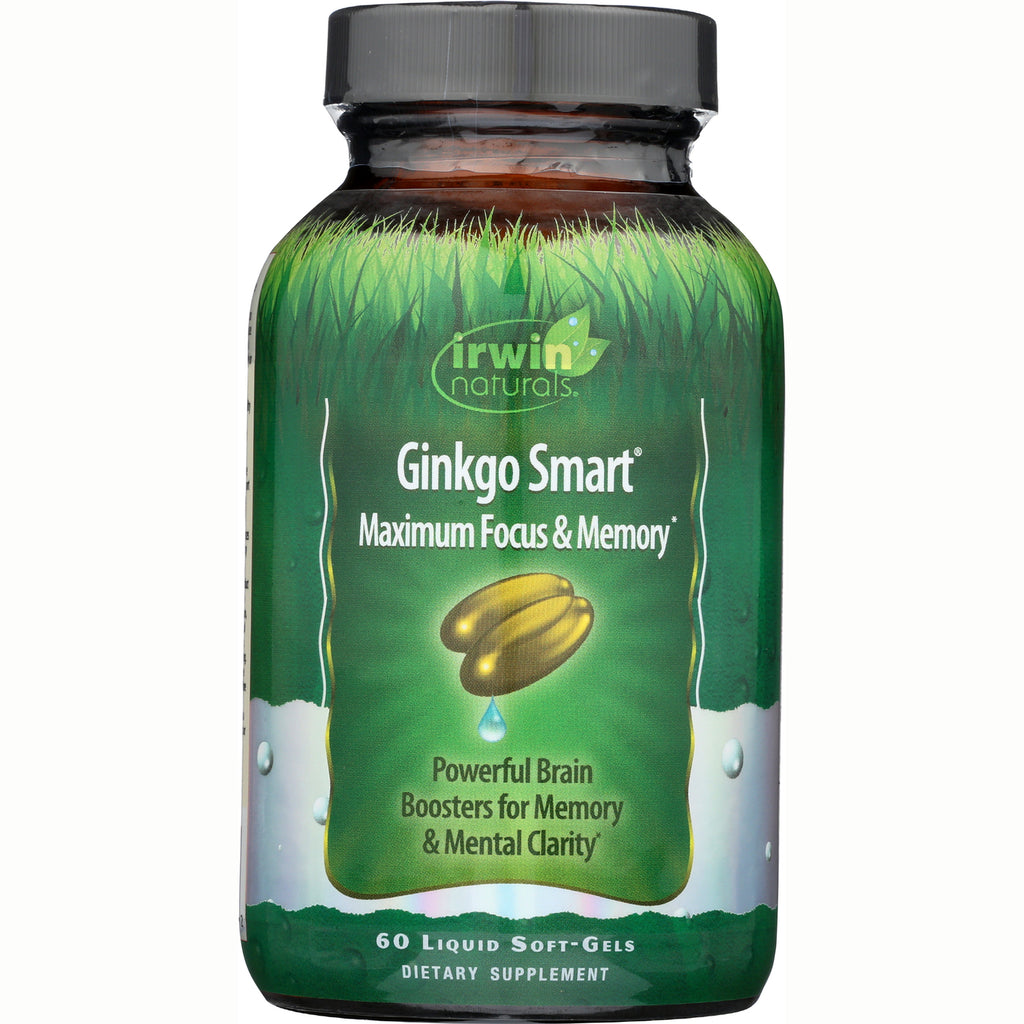 IR073 | Green Irwin Naturals Ginkgo Smart supplement bottle labeled Maximum Focus & Memory, 60 liquid soft-gels - Thumbnail