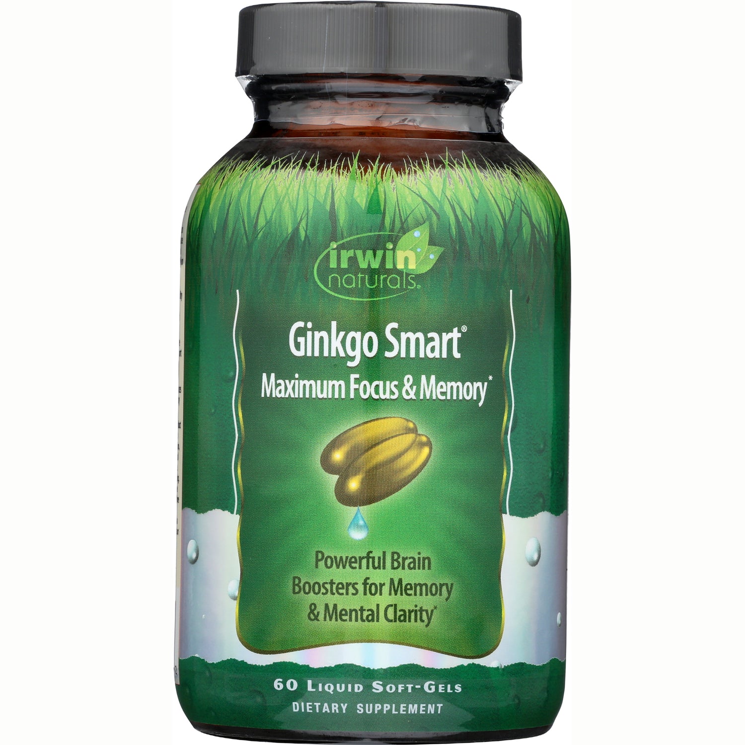 IR073 | Green Irwin Naturals Ginkgo Smart supplement bottle labeled Maximum Focus & Memory, 60 liquid soft-gels