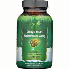 IR073 | Green Irwin Naturals Ginkgo Smart supplement bottle labeled Maximum Focus & Memory, 60 liquid soft-gels