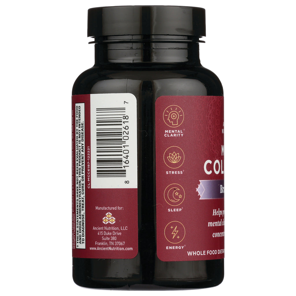 ATN092 | Maroon supplement bottle back label showing icons for mental clarity, stress, sleep, energy and a barcode - Thumbnail