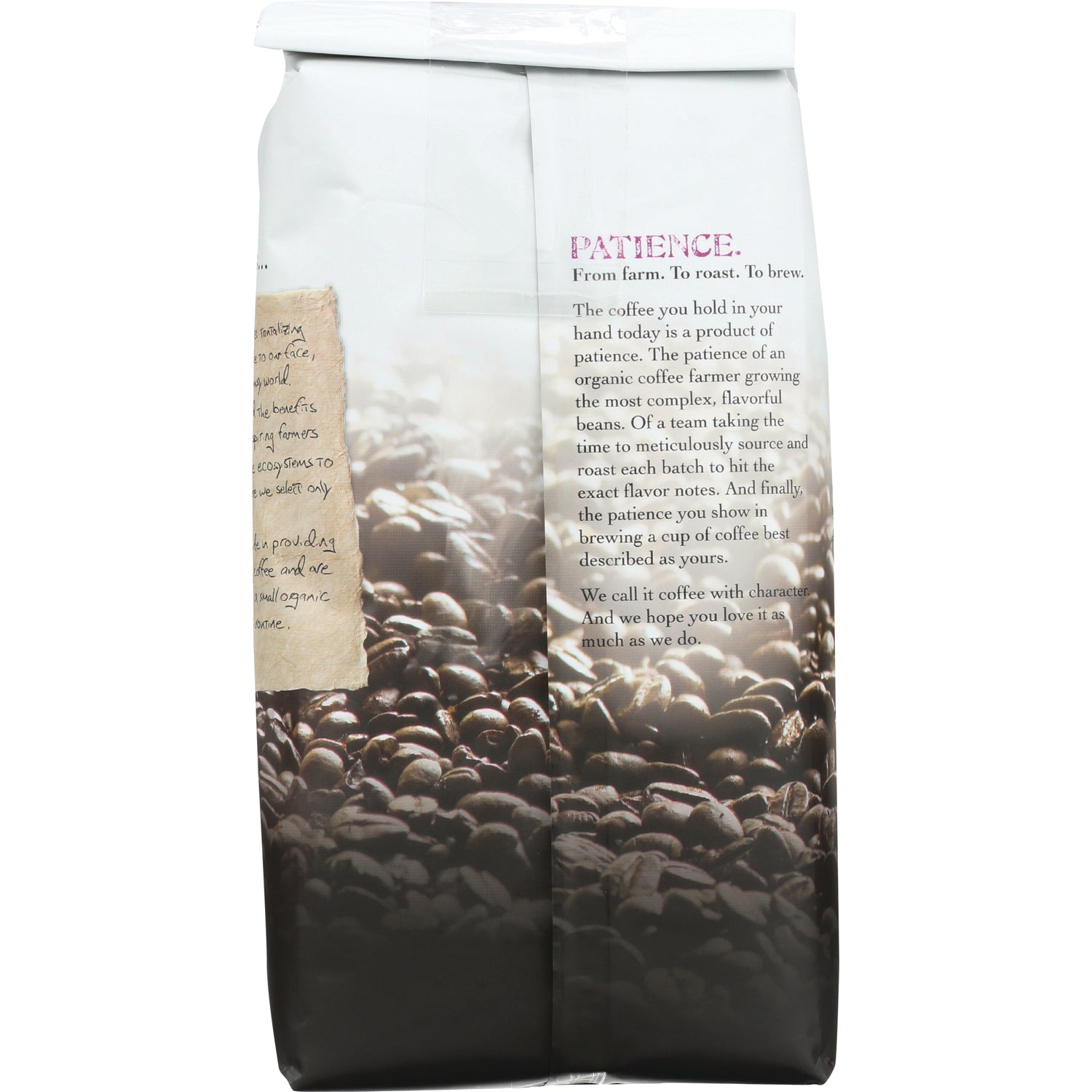 JOC015 | Back of coffee bag showing PATIENCE text and coffee beans background with product description