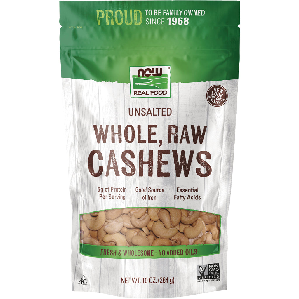 NWF1160 | NOW Real Food unsalted whole raw cashews pouch with front window, 10 oz - Thumbnail