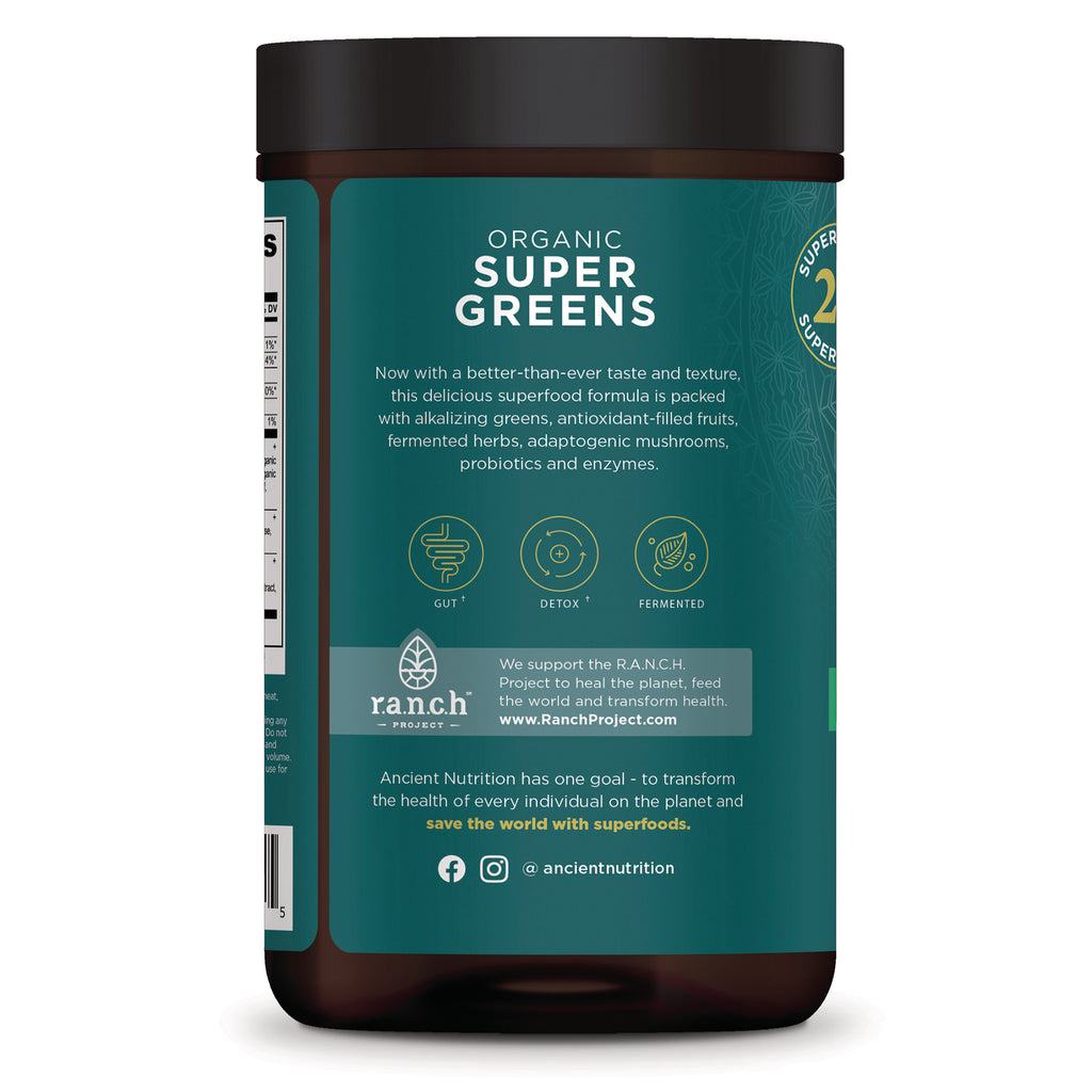 ATN132 | Back label of Organic Super Greens container showing 'ORGANIC SUPER GREENS' heading, product description, icons and R.A.N.C.H. project note - Thumbnail