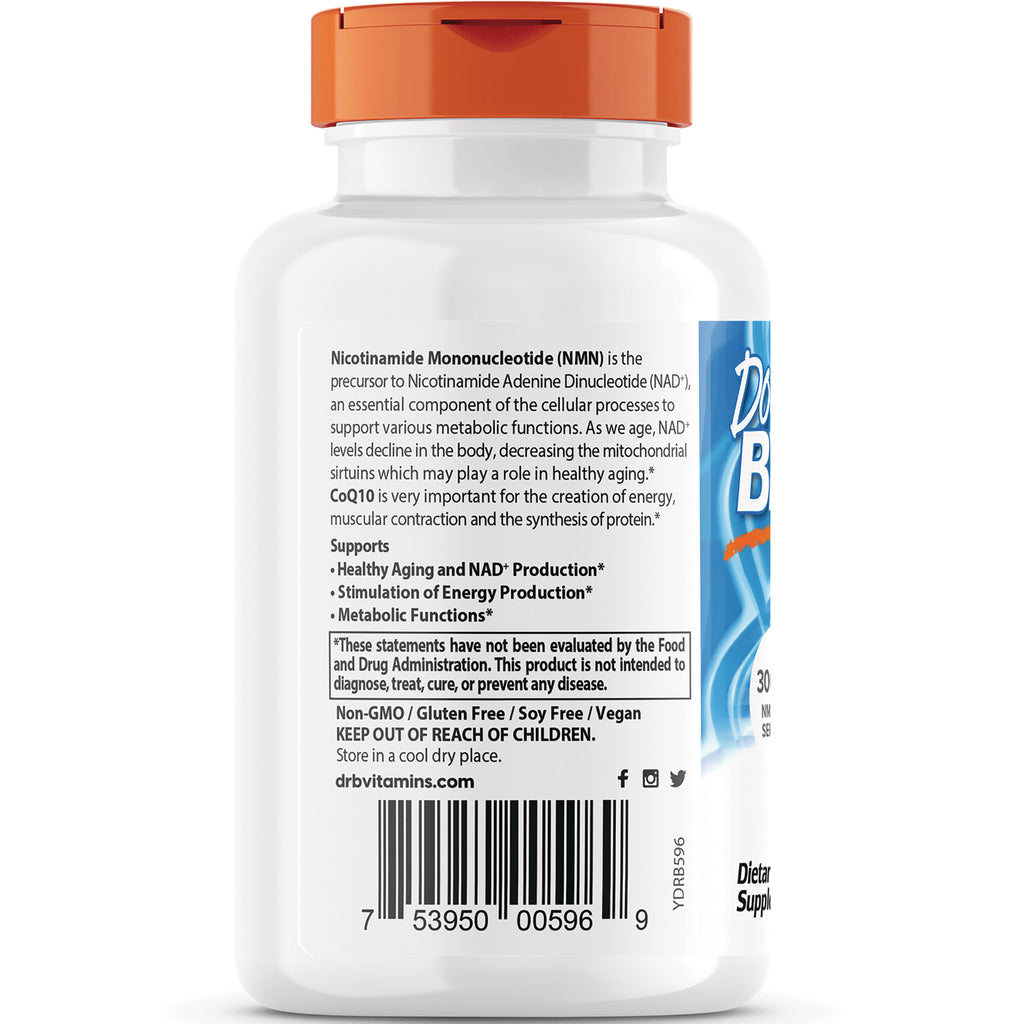 DB286 | back label of white supplement bottle showing Nicotinamide Mononucleotide (NMN) description, usage claims, Non-GMO statement and barcode - Thumbnail