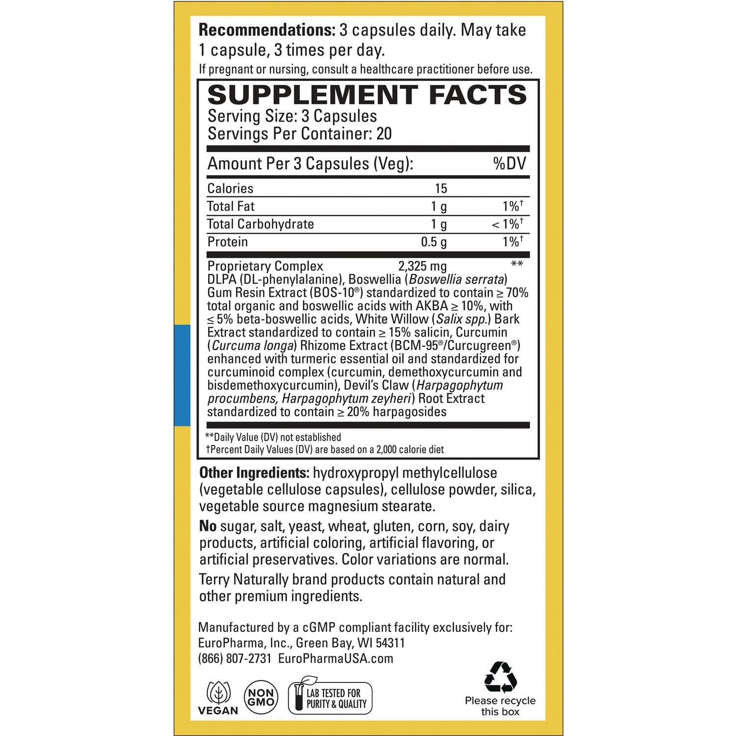 EUR060 | back label showing supplement facts, serving size 3 capsules, proprietary complex and other ingredients