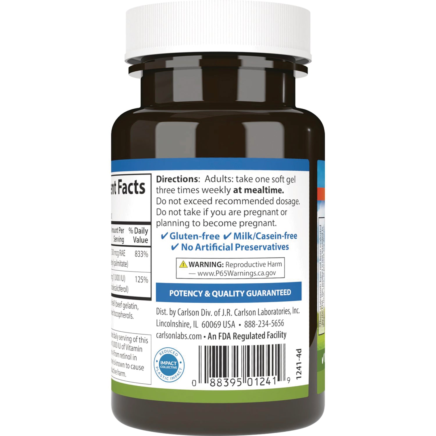 CSN153 | Back of brown supplement bottle showing directions, gluten-free and milk/casein-free claims, CA Prop 65 warning and barcode
