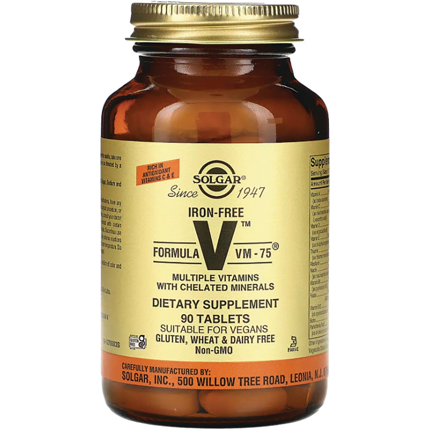 SLG224 | Amber glass bottle of Solgar Iron-Free Formula VM-75 multiple vitamins, 90 tablets label