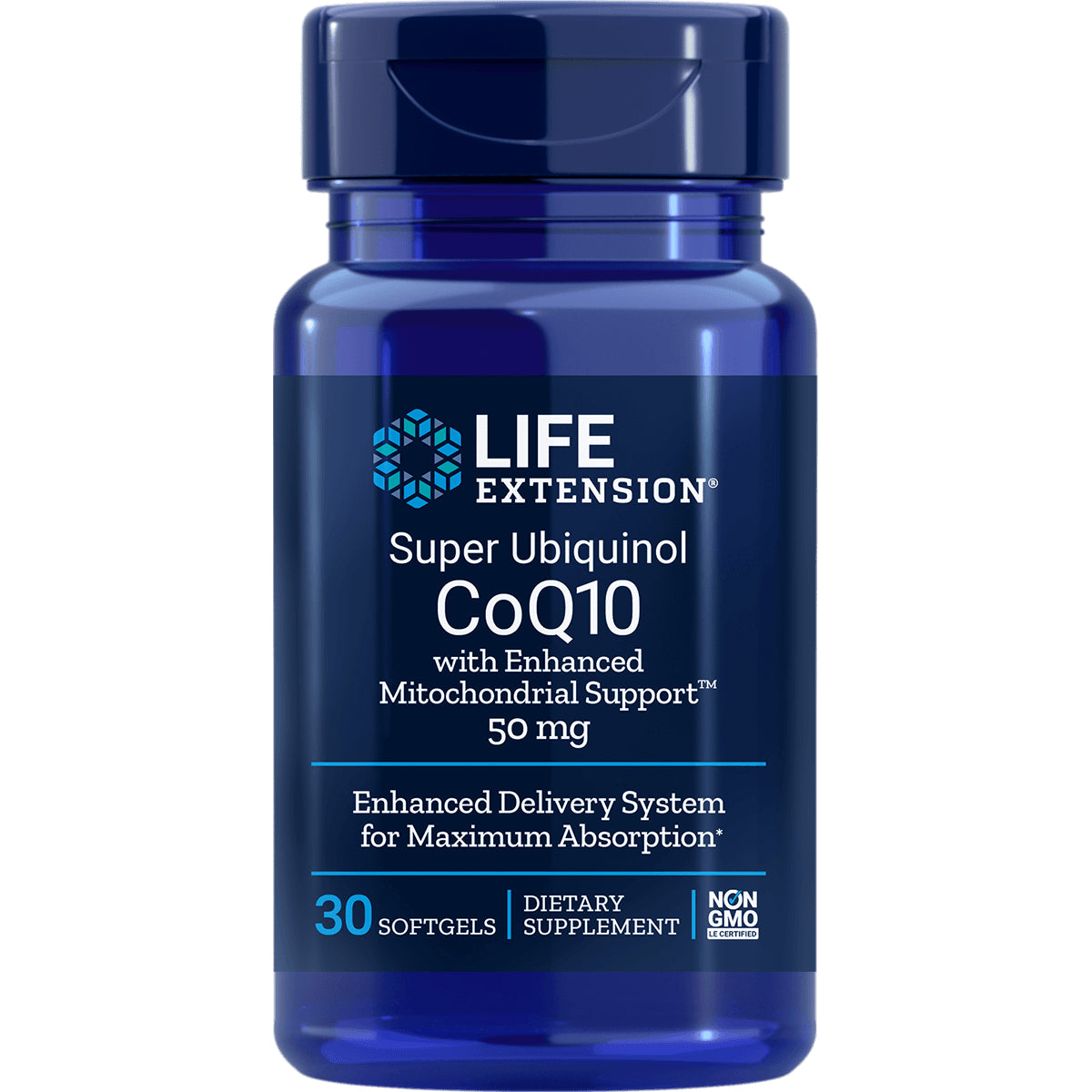 LE064 | Life Extension Super Ubiquinol CoQ10 50 mg blue bottle, 30 softgels