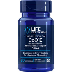 LE064 | Life Extension Super Ubiquinol CoQ10 50 mg blue bottle, 30 softgels
