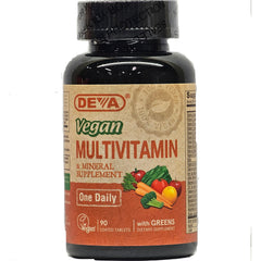 DEV001 | DEVA Vegan Multivitamin One Daily bottle, 90 coated tablets, with greens label