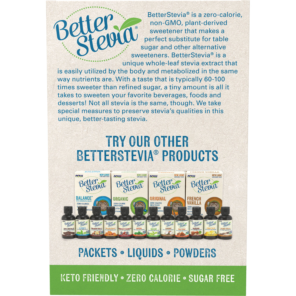 NWF979 | product infographic showing BetterStevia lineup with packets, liquids, powders and keto friendly zero calorie sugar free - Thumbnail