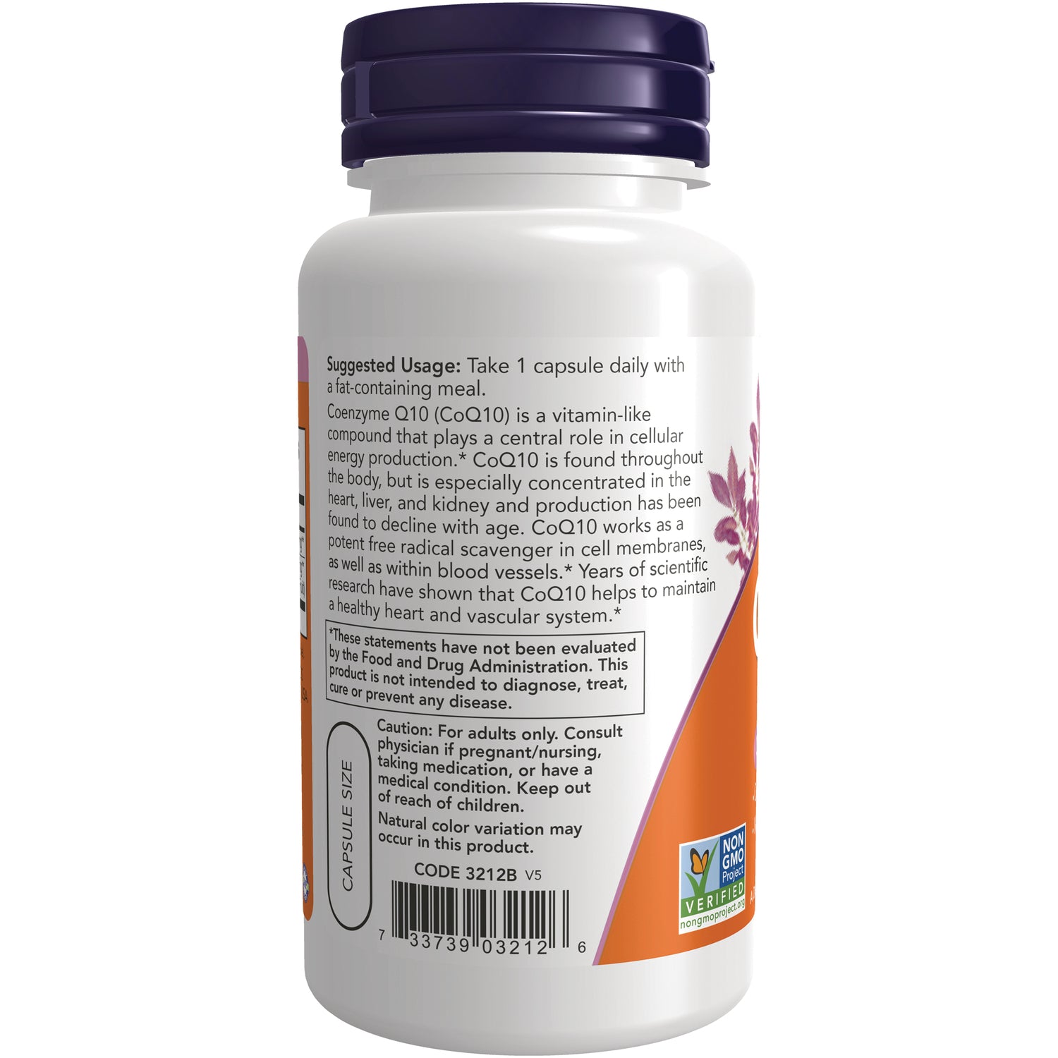 NWF812 | Back label of supplement bottle showing Suggested Usage: Take 1 capsule daily, warnings, barcode, and Non-GMO Verified logo