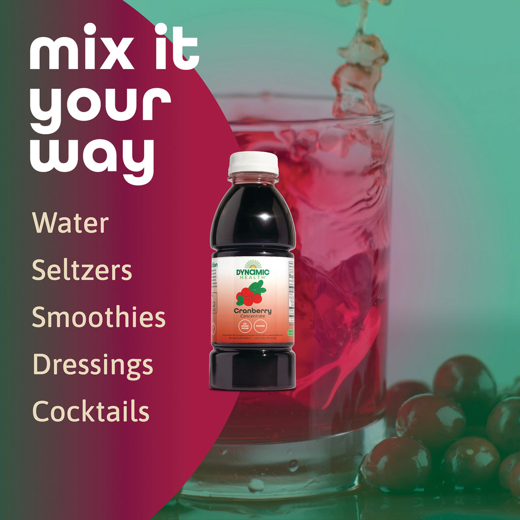 DYH057 | Product infographic showing Dynamic Health cranberry concentrate bottle with mix it your way heading and suggested uses: water, seltzers, smoothies, dressings, cocktails - Thumbnail