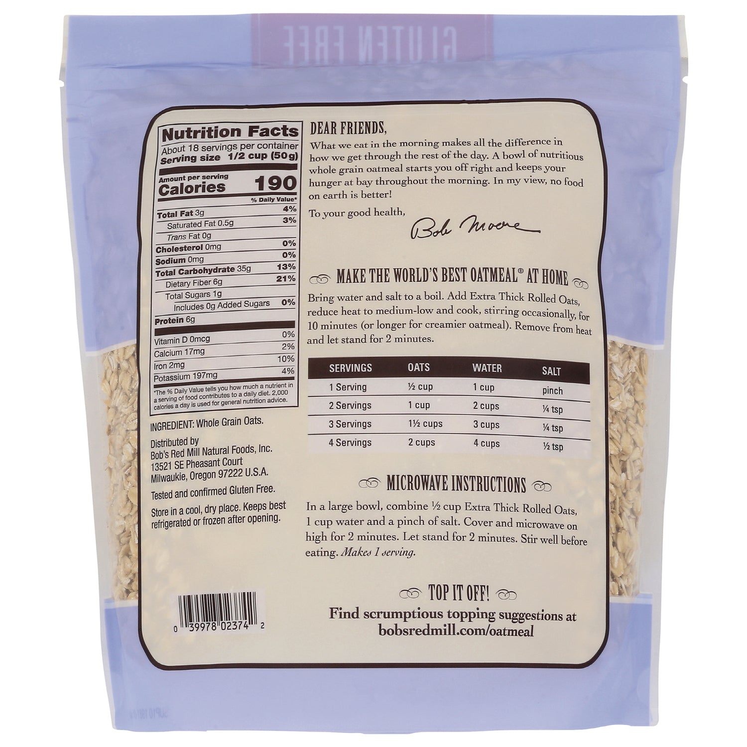 BOB337 | back of Bob's Red Mill oatmeal bag showing nutrition facts, cooking and microwave instructions and barcode