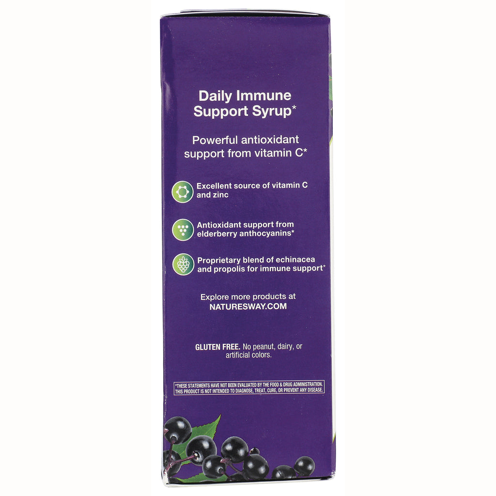 NW666 | Back of purple Daily Immune Support Syrup box showing benefits, gluten free claim, NaturesWay.com and elderberry graphic - Thumbnail