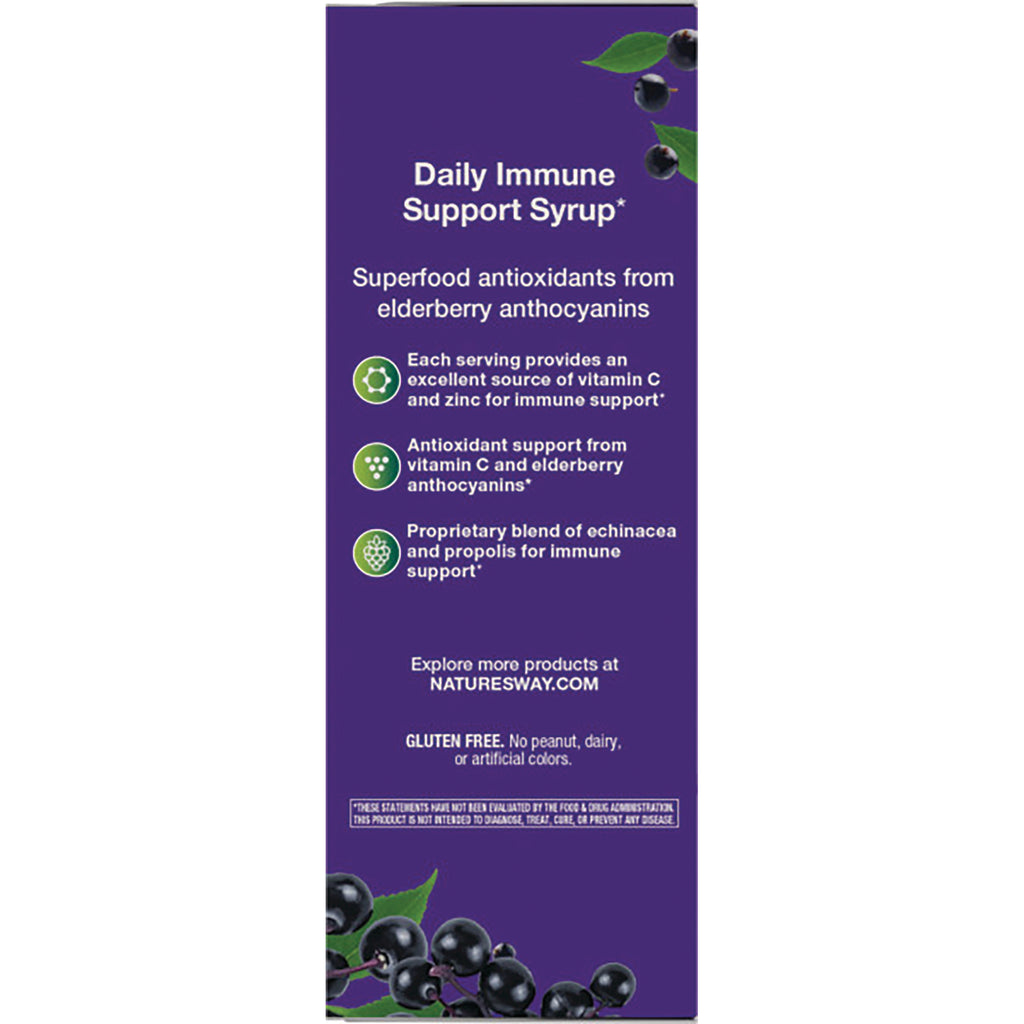 NW666 | Back of purple Daily Immune Support Syrup box showing benefits, gluten free claim, NaturesWay.com and elderberry graphic - Thumbnail