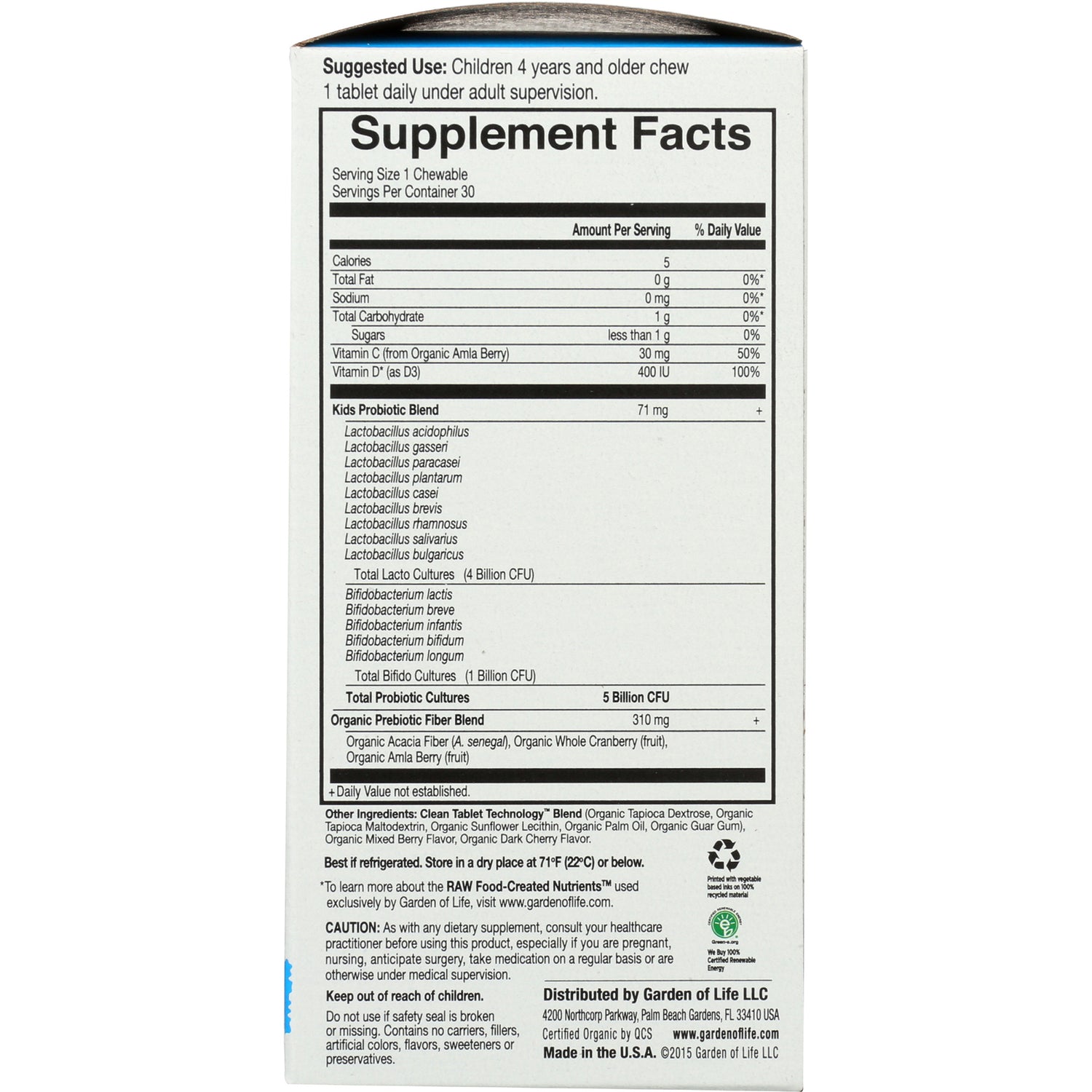 GLF207 | back panel showing Supplement Facts, probiotic and prebiotic blend and usage and ingredient information