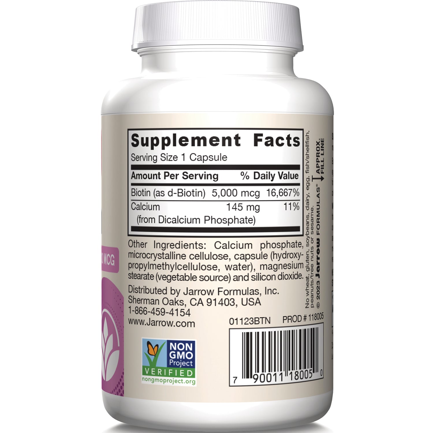 JR111 | Back label showing Supplement Facts: Serving Size 1 Capsule; Biotin 5,000 mcg; Calcium 145 mg; ingredients and barcode
