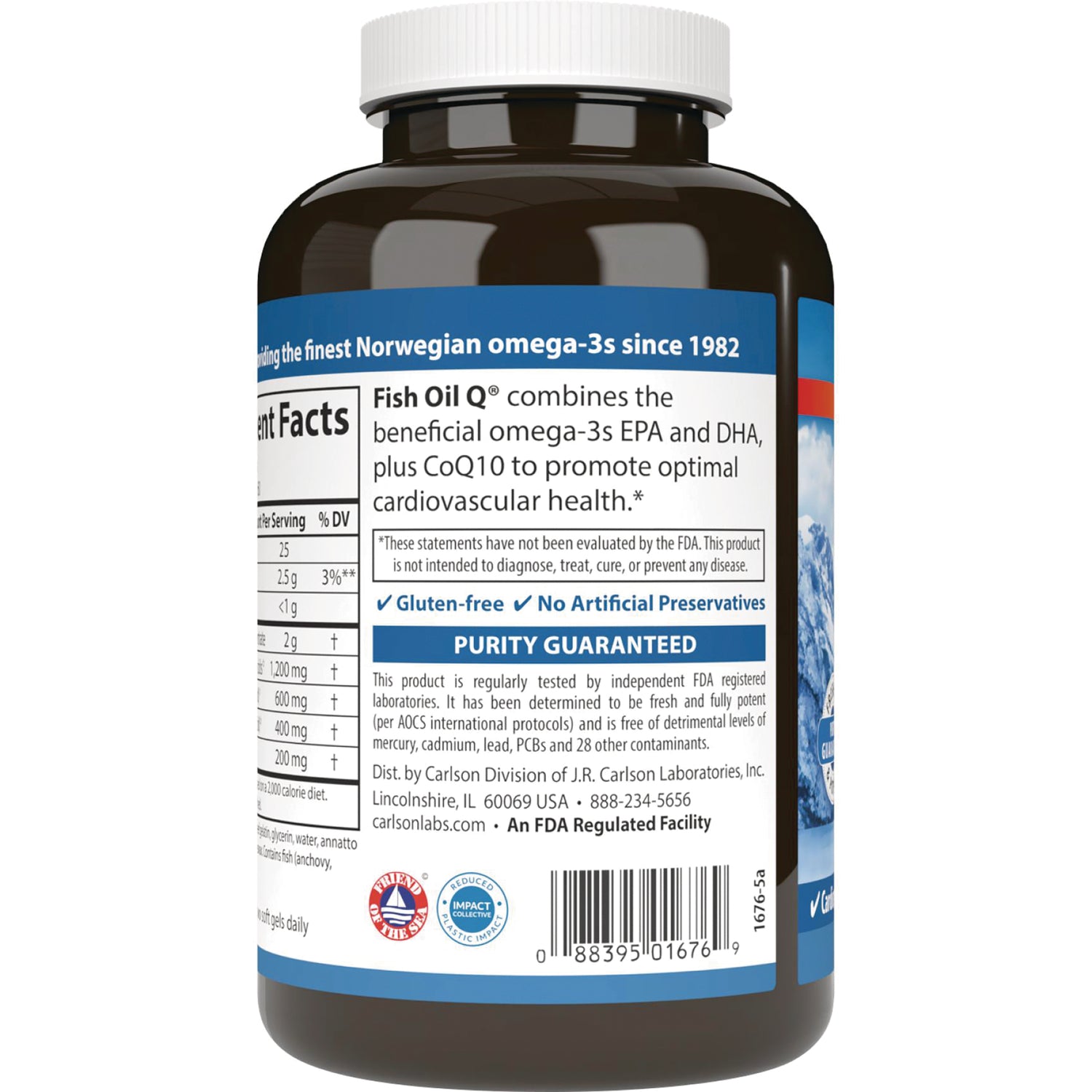 CSN246 | back of brown supplement bottle showing product facts, purity guaranteed panel and barcode