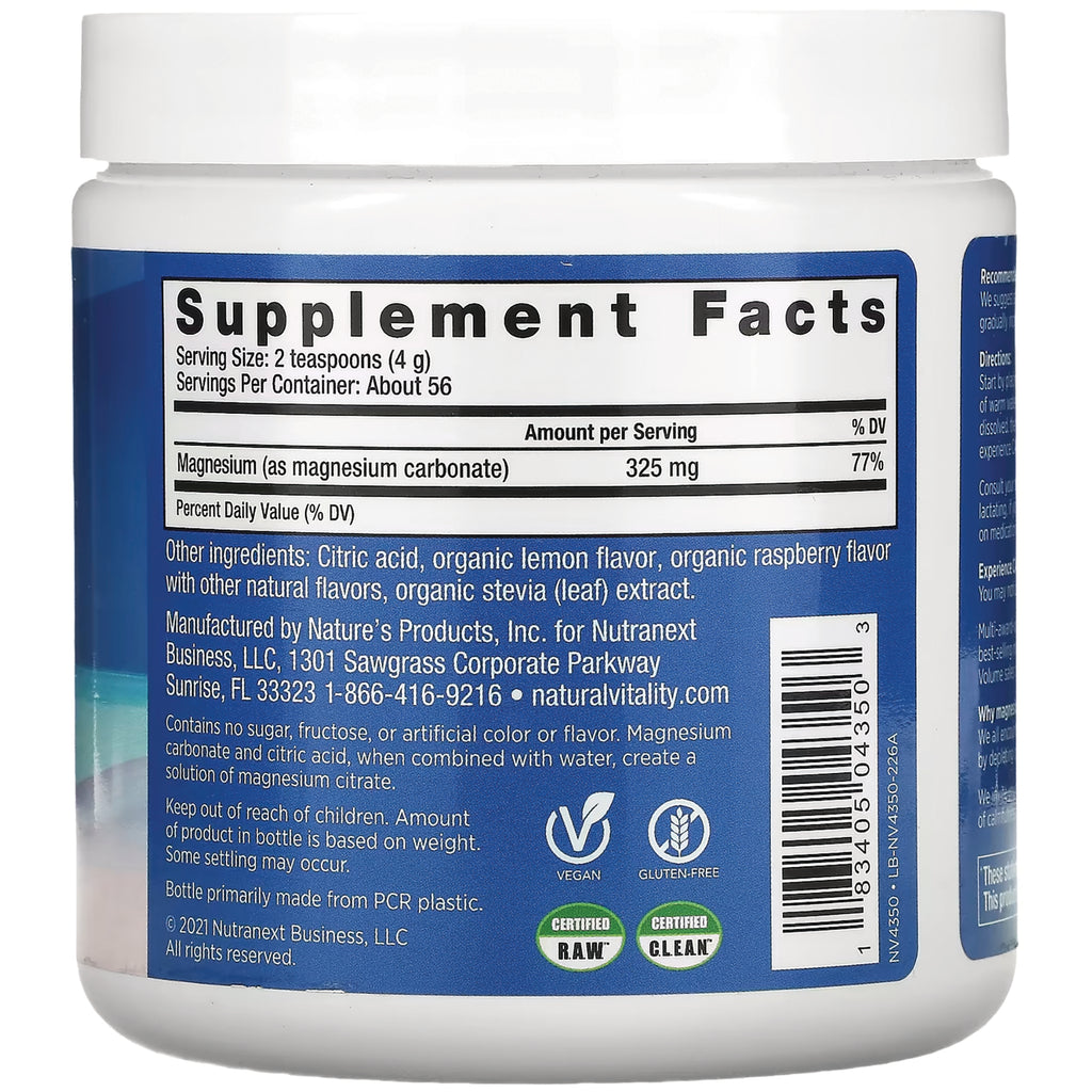 NVT051 | Back label showing Supplement Facts panel listing magnesium 325 mg, ingredients, barcode and vegan and gluten-free icons - Thumbnail