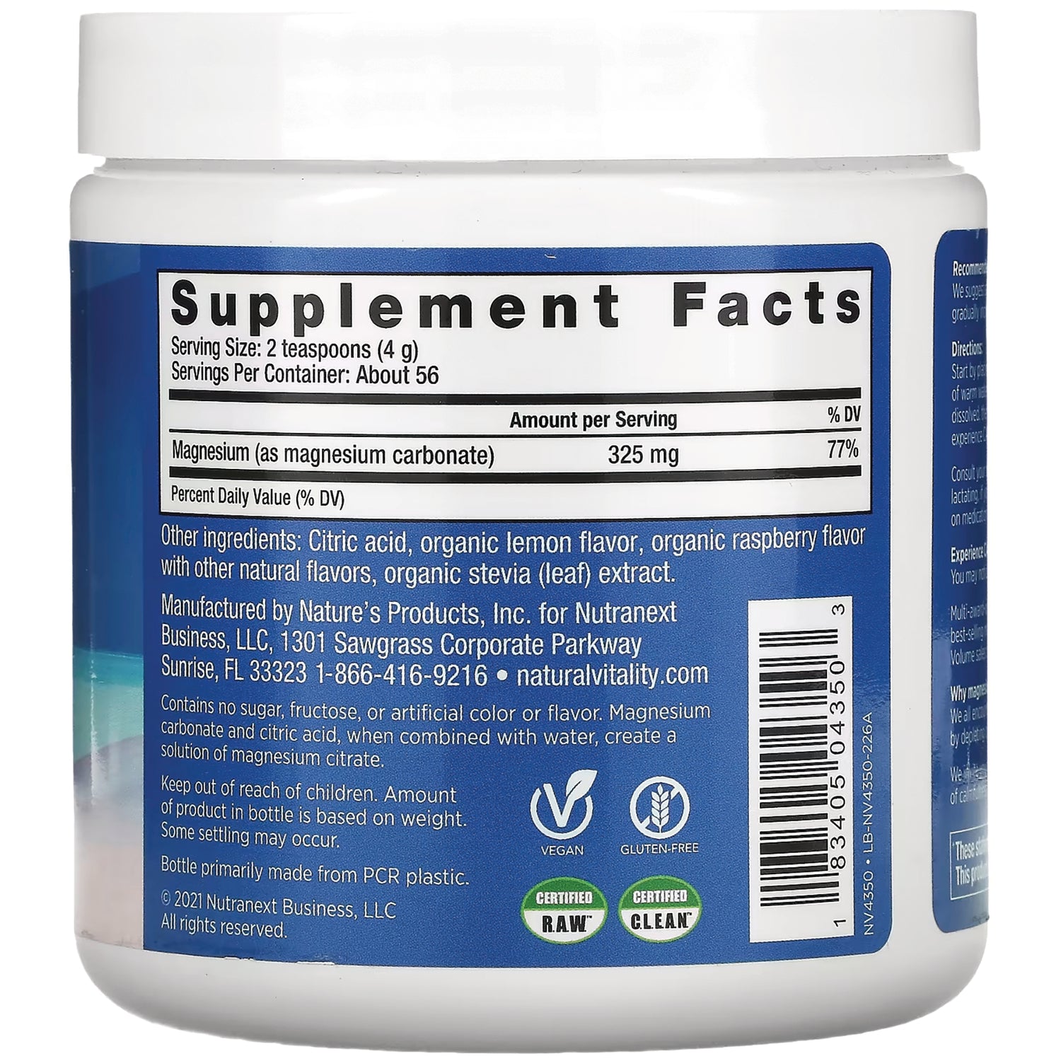 NVT051 | Back label showing Supplement Facts panel listing magnesium 325 mg, ingredients, barcode and vegan and gluten-free icons