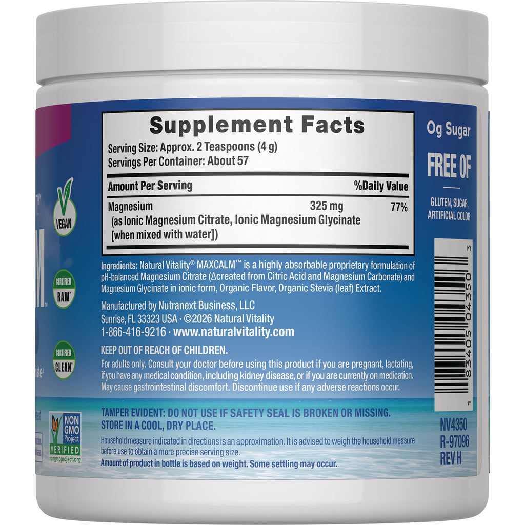 NVT051 | Back label showing Supplement Facts panel listing magnesium 325 mg, ingredients, barcode and vegan and gluten-free icons - Thumbnail