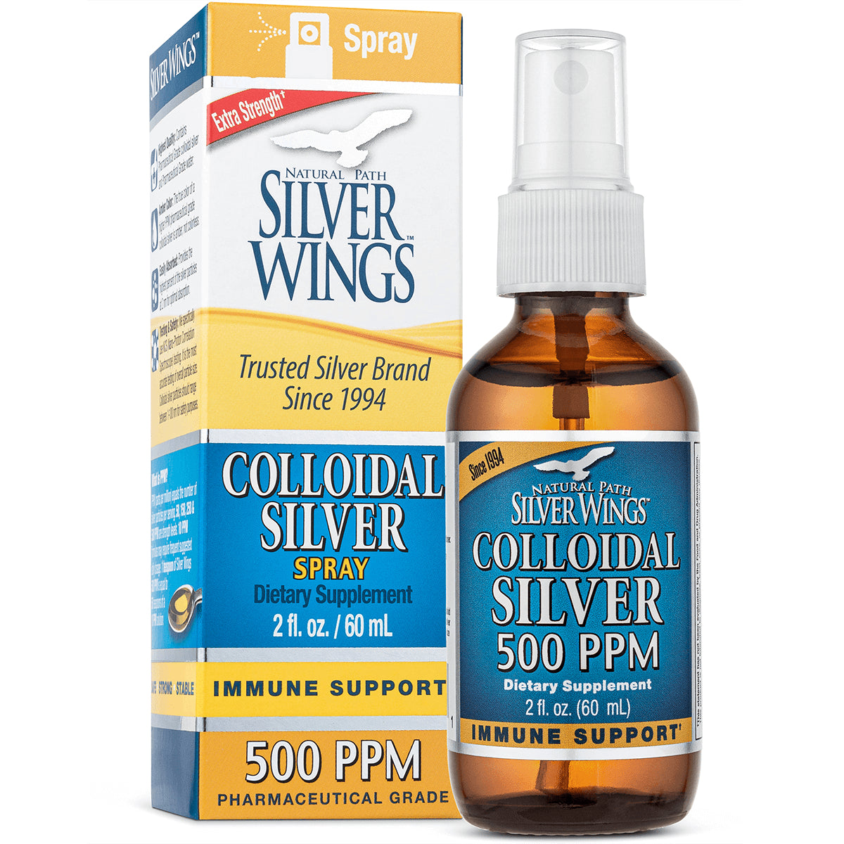 NPS001 | Silver Wings Colloidal Silver 500 PPM spray 2 fl oz bottle with box, immune support dietary supplement