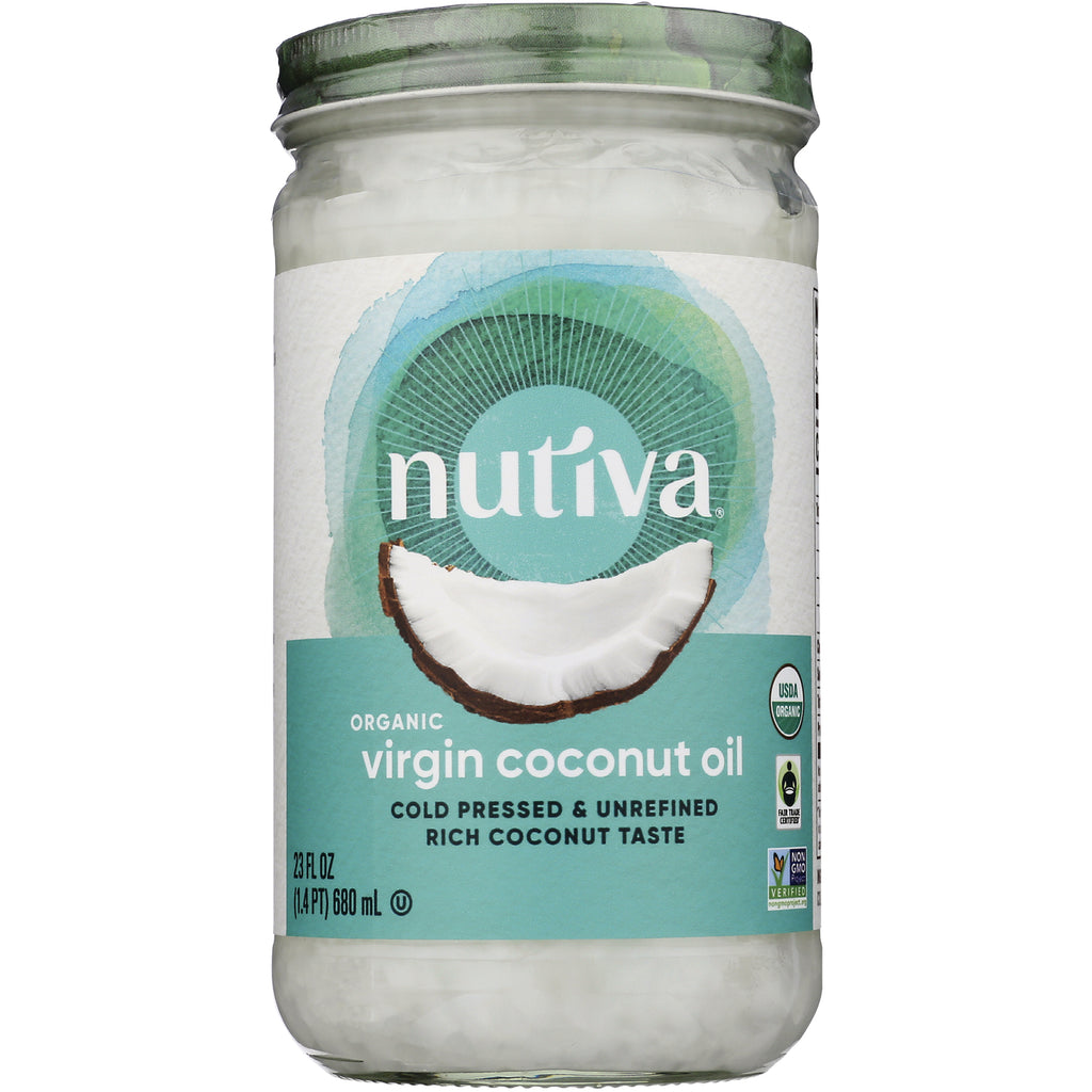 NTV042 | Nutiva jar of organic virgin coconut oil label with coconut illustration and cold pressed & unrefined text - Thumbnail