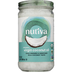 NTV042 | Nutiva jar of organic virgin coconut oil label with coconut illustration and cold pressed & unrefined text