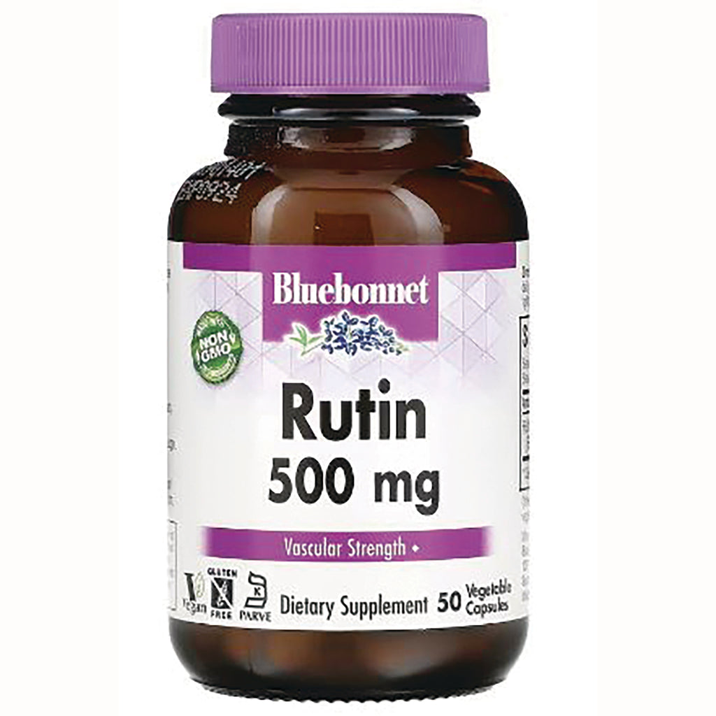 BLU112 | Bluebonnet Rutin 500 mg brown supplement bottle with purple cap and label - Thumbnail