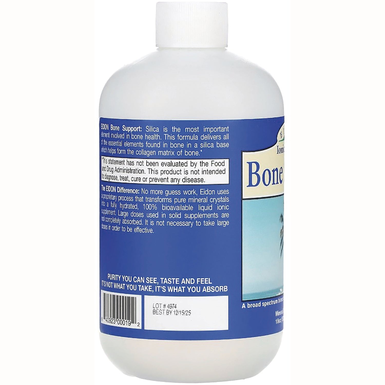EIM033 | Back label of white supplement bottle showing ingredient text, barcode, and lot best by box