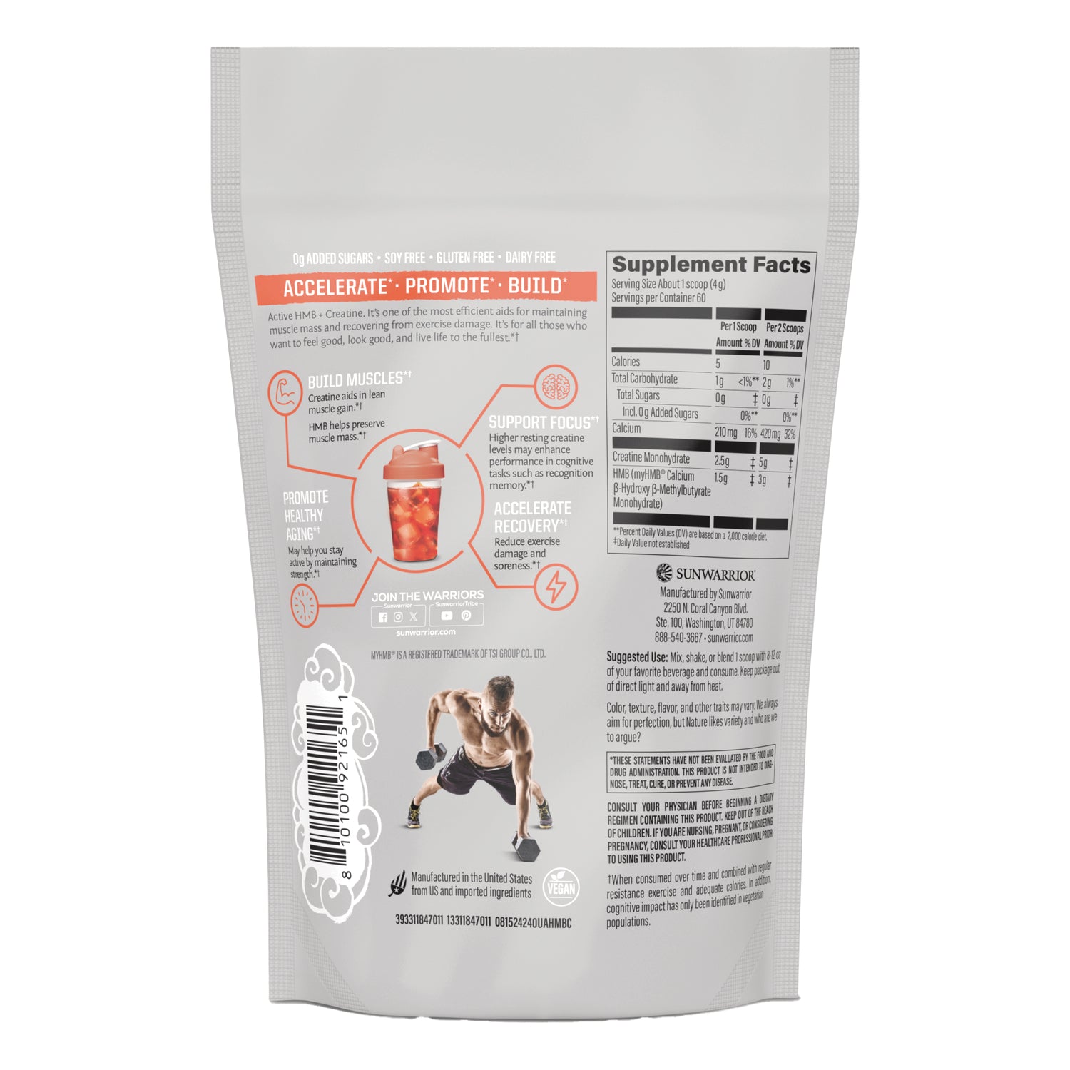 SNW054 | Back of Sunwarrior Active HMB + Creatine bag with Supplement Facts and usage info