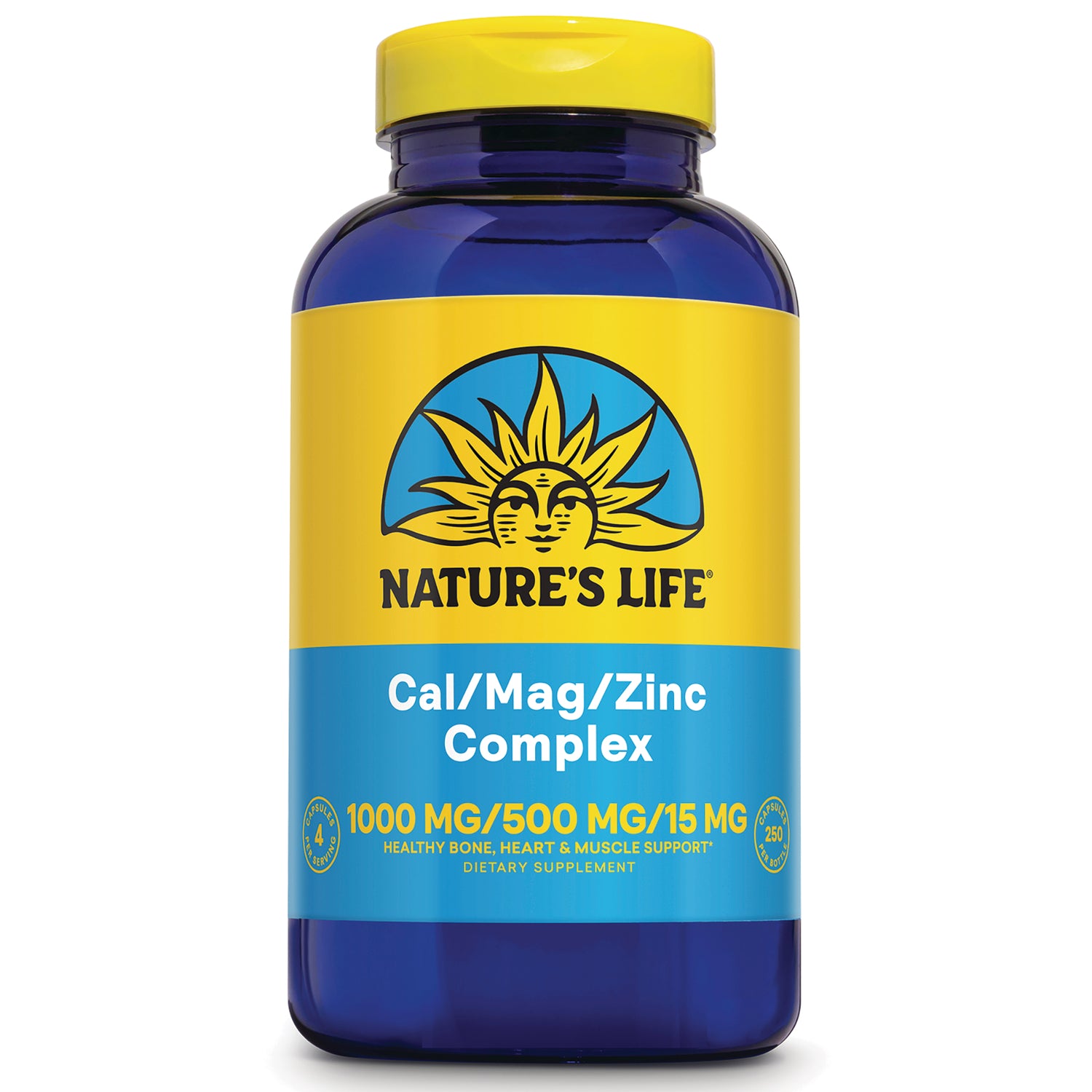 NSL072 | Blue supplement bottle labeled NATURE'S LIFE Cal/Mag/Zinc Complex 1000 MG/500 MG/15 MG