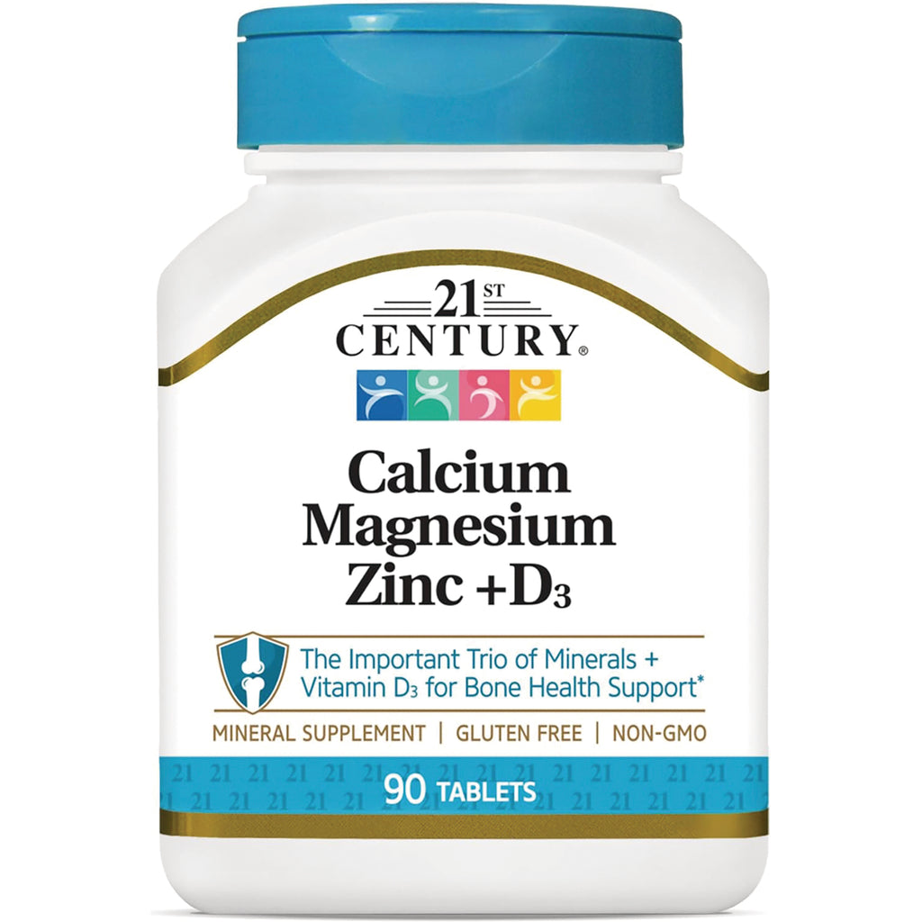 CNT018 | 21st Century Calcium Magnesium Zinc +D3 white bottle with blue cap, 90 tablets, mineral supplement, gluten free, non-GMO - Thumbnail