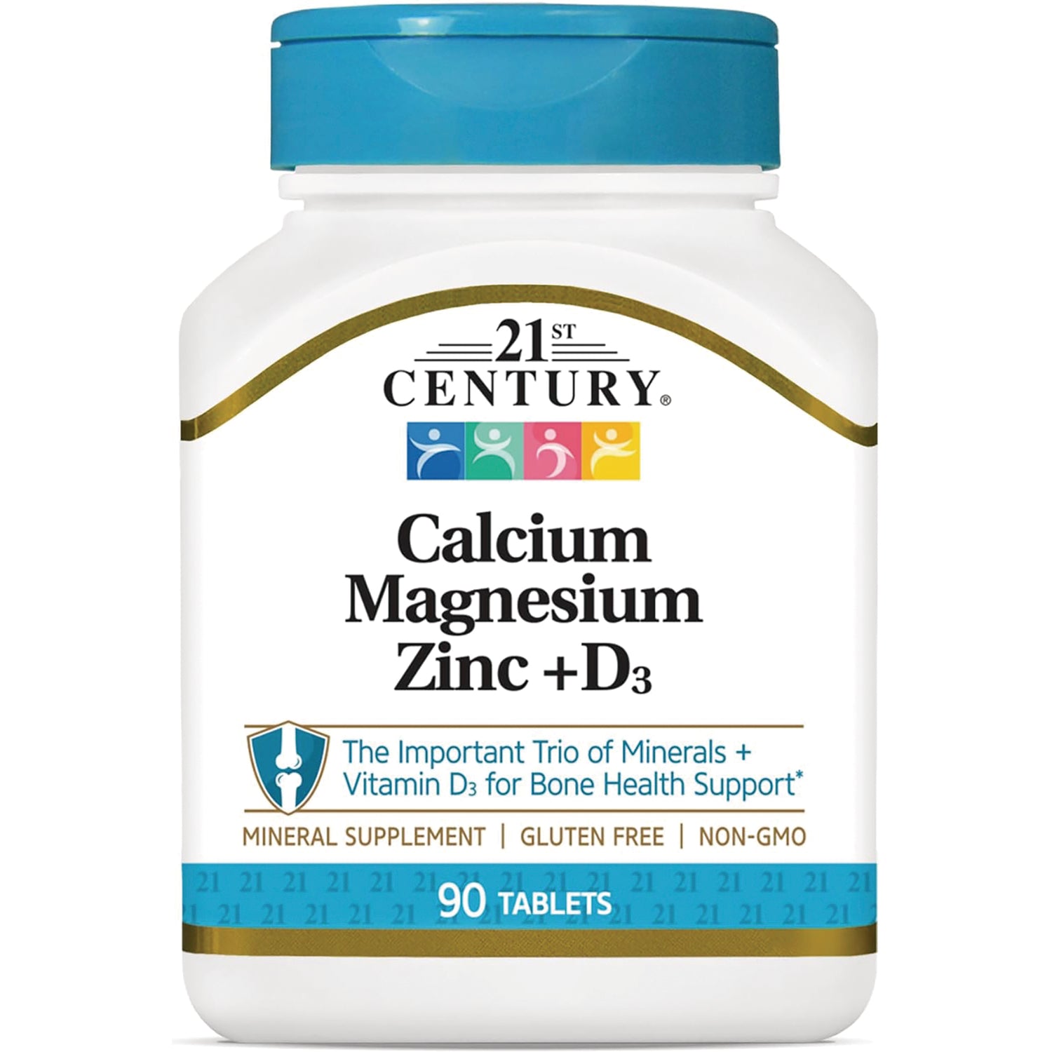 CNT018 | 21st Century Calcium Magnesium Zinc +D3 white bottle with blue cap, 90 tablets, mineral supplement, gluten free, non-GMO