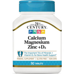 CNT018 | 21st Century Calcium Magnesium Zinc +D3 white bottle with blue cap, 90 tablets, mineral supplement, gluten free, non-GMO