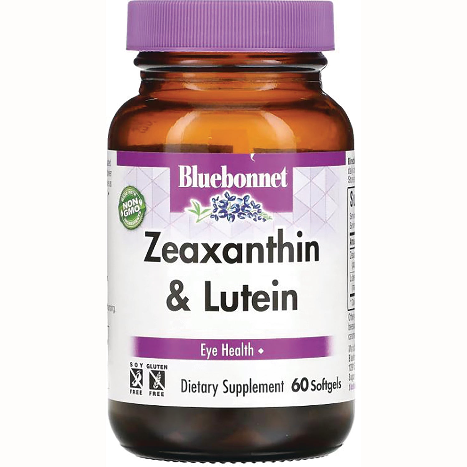 BLU137 | Bluebonnet Zeaxanthin & Lutein dietary supplement bottle, 60 softgels, purple cap, Eye Health label