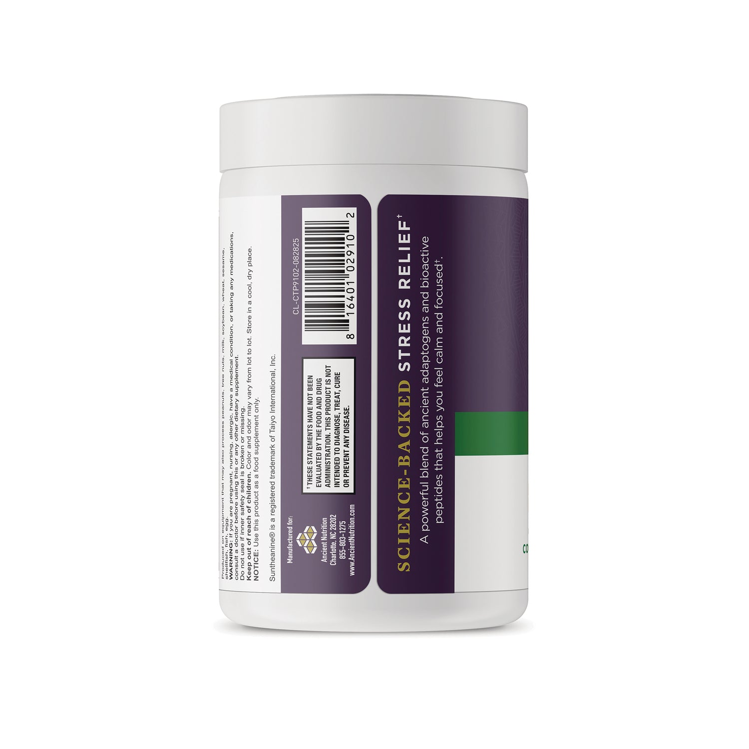 ATN151 | Back label of Science-Backed Stress Relief dietary supplement bottle with barcode and warning text