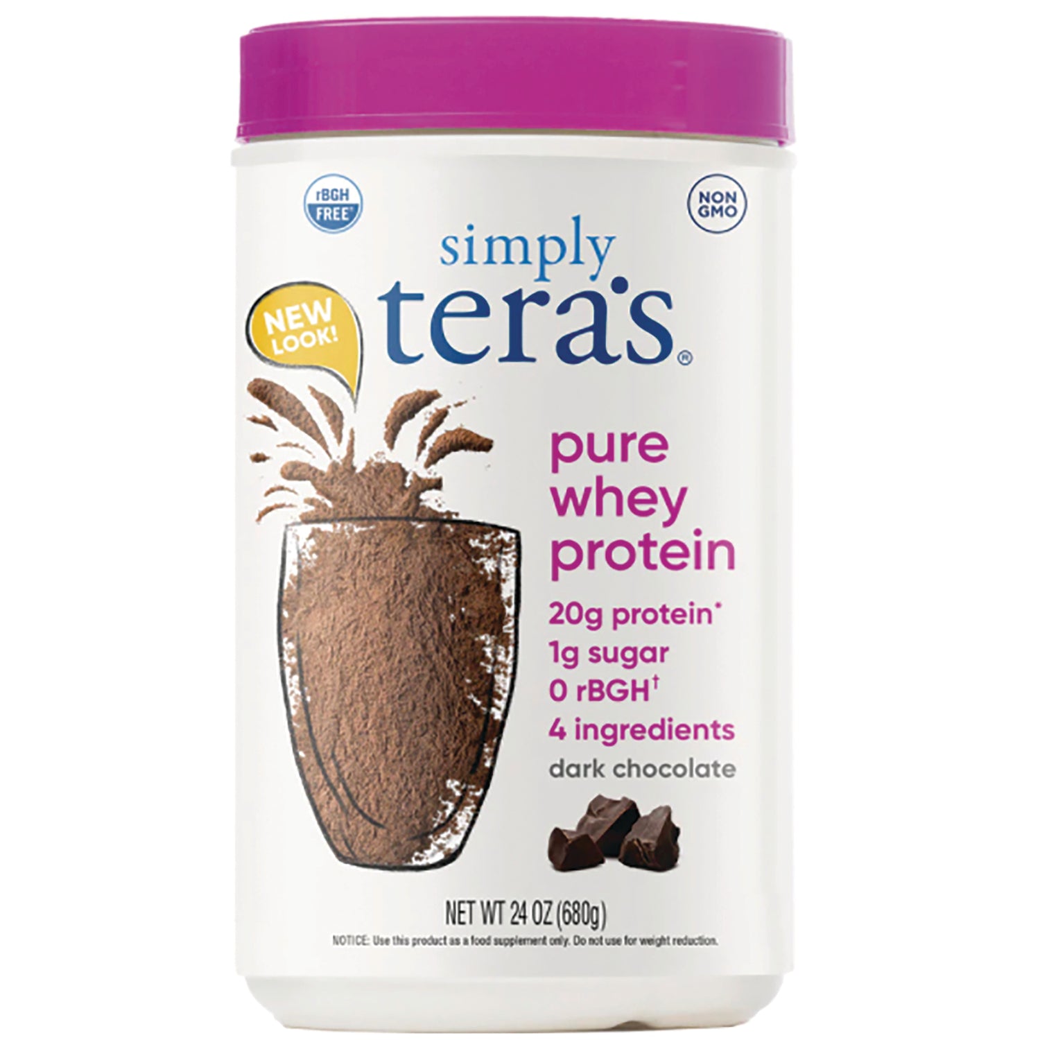 TER018 | Simply Teras Pure Whey Protein, dark chocolate, 20g protein, 1g sugar, 0 rBGH, 4 ingredients, 24 oz