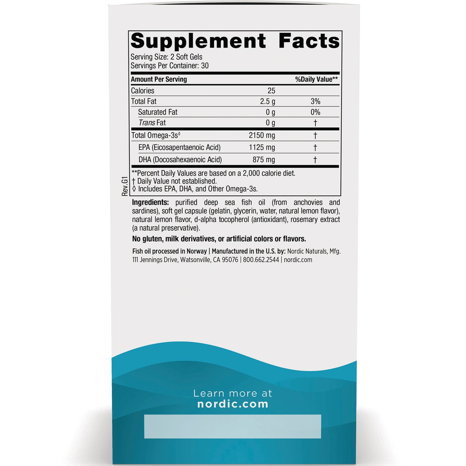 NRN123 | supplement facts and ingredient panel for fish oil soft gels showing serving size, omega-3 amounts, and nordic.com