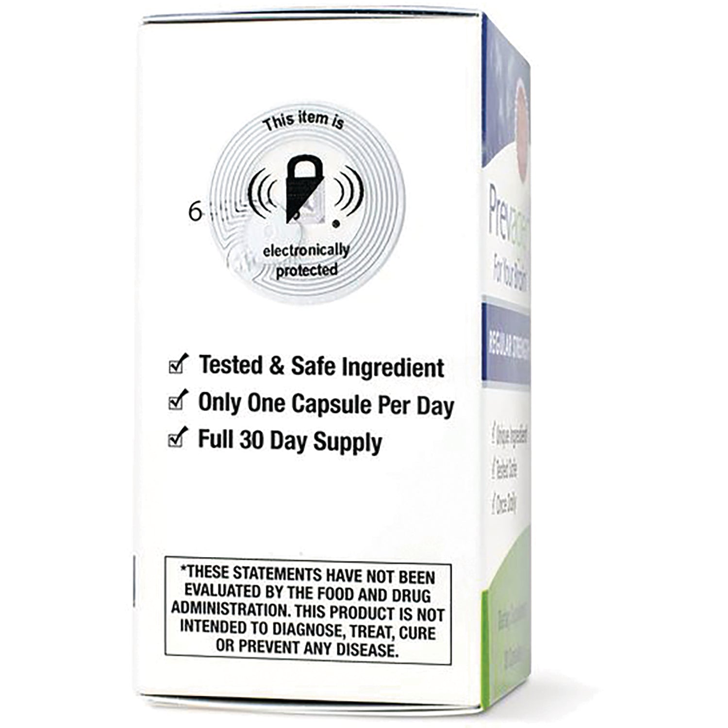 QB001 | side infographic on box listing Tested & Safe Ingredient; Only One Capsule Per Day; Full 30 Day Supply