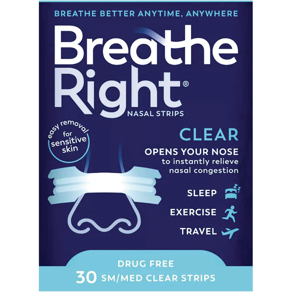 GSK011 | Breathe Right Clear nasal strips packaging front showing 30 SM/MED clear strips, drug free, for sensitive skin - Thumbnail