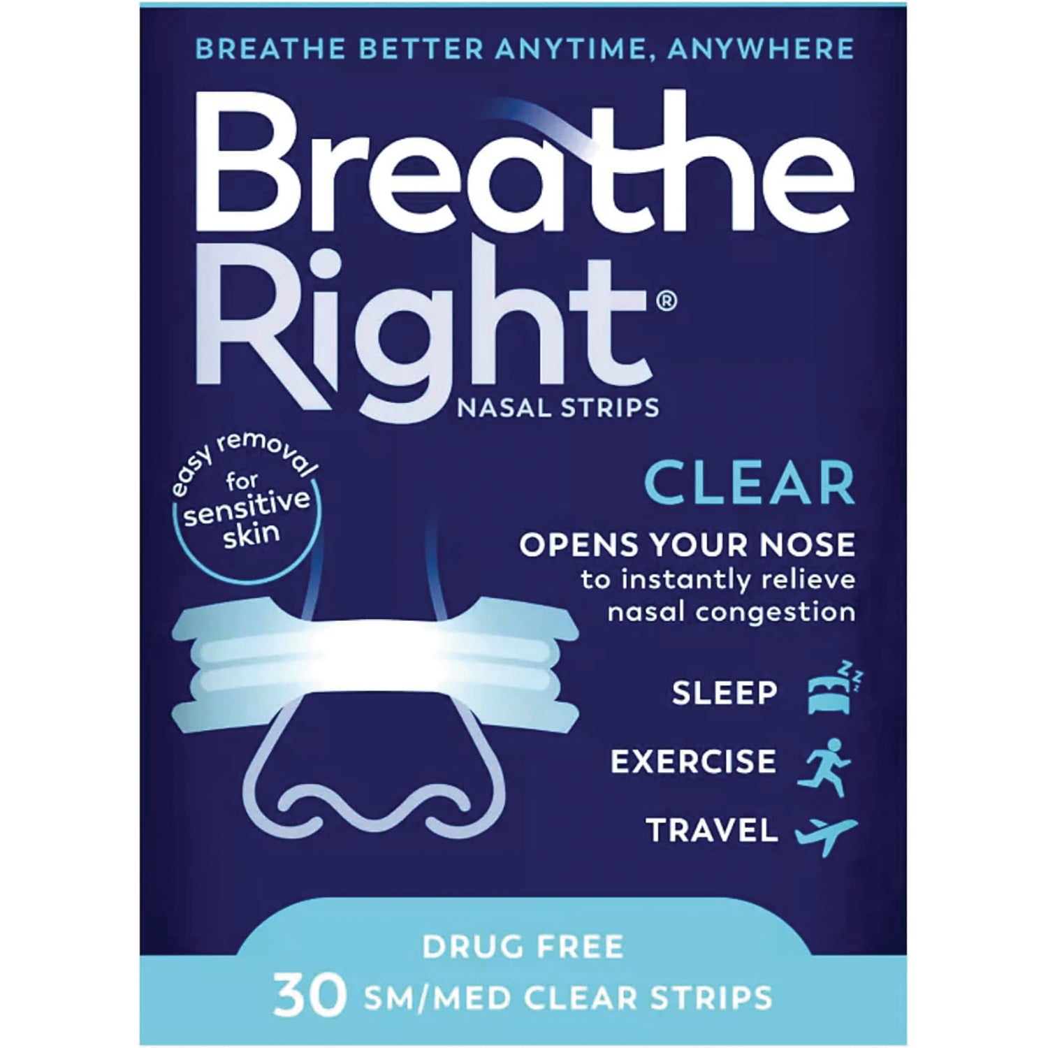 GSK011 | Breathe Right Clear nasal strips packaging front showing 30 SM/MED clear strips, drug free, for sensitive skin
