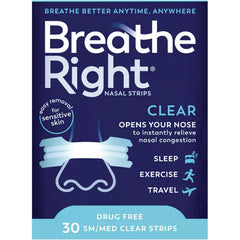 GSK011 | Breathe Right Clear nasal strips packaging front showing 30 SM/MED clear strips, drug free, for sensitive skin