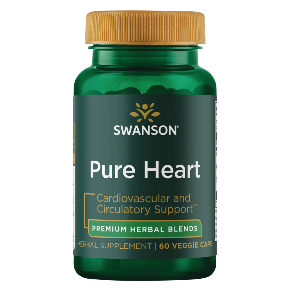 SWU1049 | Four green Swanson Pure Heart supplement bottles front view labeled Cardiovascular and Circulatory Support 60 veggie caps || SWU1049 | Three Swanson Pure Heart green supplement bottles, front view, 60 veggie caps, cardiovascular and circulatory support || SWU1049 | Two Swanson Pure Heart supplement bottles with green labels reading Pure Heart, Cardiovascular and Circulatory Support, 60 veggie caps - Thumbnail