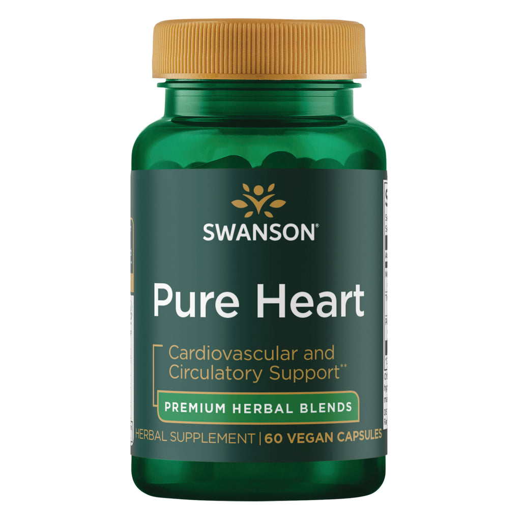 SWU1049 | Four green Swanson Pure Heart supplement bottles front view labeled Cardiovascular and Circulatory Support 60 veggie caps || SWU1049 | Three Swanson Pure Heart green supplement bottles, front view, 60 veggie caps, cardiovascular and circulatory support || SWU1049 | Two Swanson Pure Heart supplement bottles with green labels reading Pure Heart, Cardiovascular and Circulatory Support, 60 veggie caps - Thumbnail