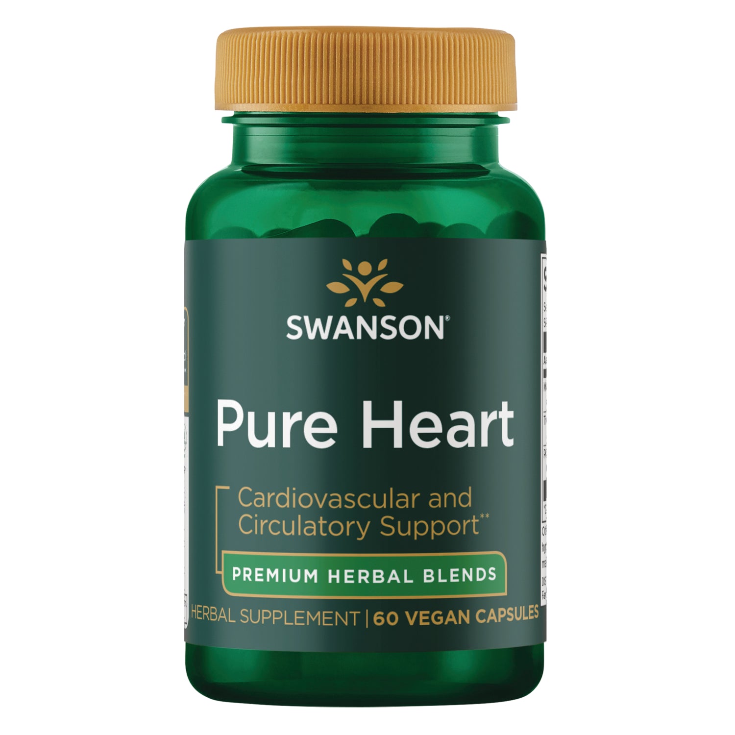 SWU1049 | Four green Swanson Pure Heart supplement bottles front view labeled Cardiovascular and Circulatory Support 60 veggie caps || SWU1049 | Three Swanson Pure Heart green supplement bottles, front view, 60 veggie caps, cardiovascular and circulatory support || SWU1049 | Two Swanson Pure Heart supplement bottles with green labels reading Pure Heart, Cardiovascular and Circulatory Support, 60 veggie caps