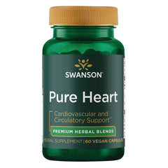 SWU1049 | Four green Swanson Pure Heart supplement bottles front view labeled Cardiovascular and Circulatory Support 60 veggie caps || SWU1049 | Three Swanson Pure Heart green supplement bottles, front view, 60 veggie caps, cardiovascular and circulatory support || SWU1049 | Two Swanson Pure Heart supplement bottles with green labels reading Pure Heart, Cardiovascular and Circulatory Support, 60 veggie caps